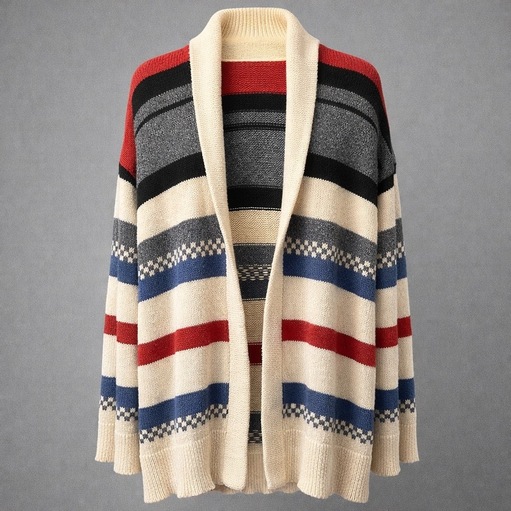 American Eagle Womens M Striped Shawl Collar Open Front‎ Cardigan Sweater Multi